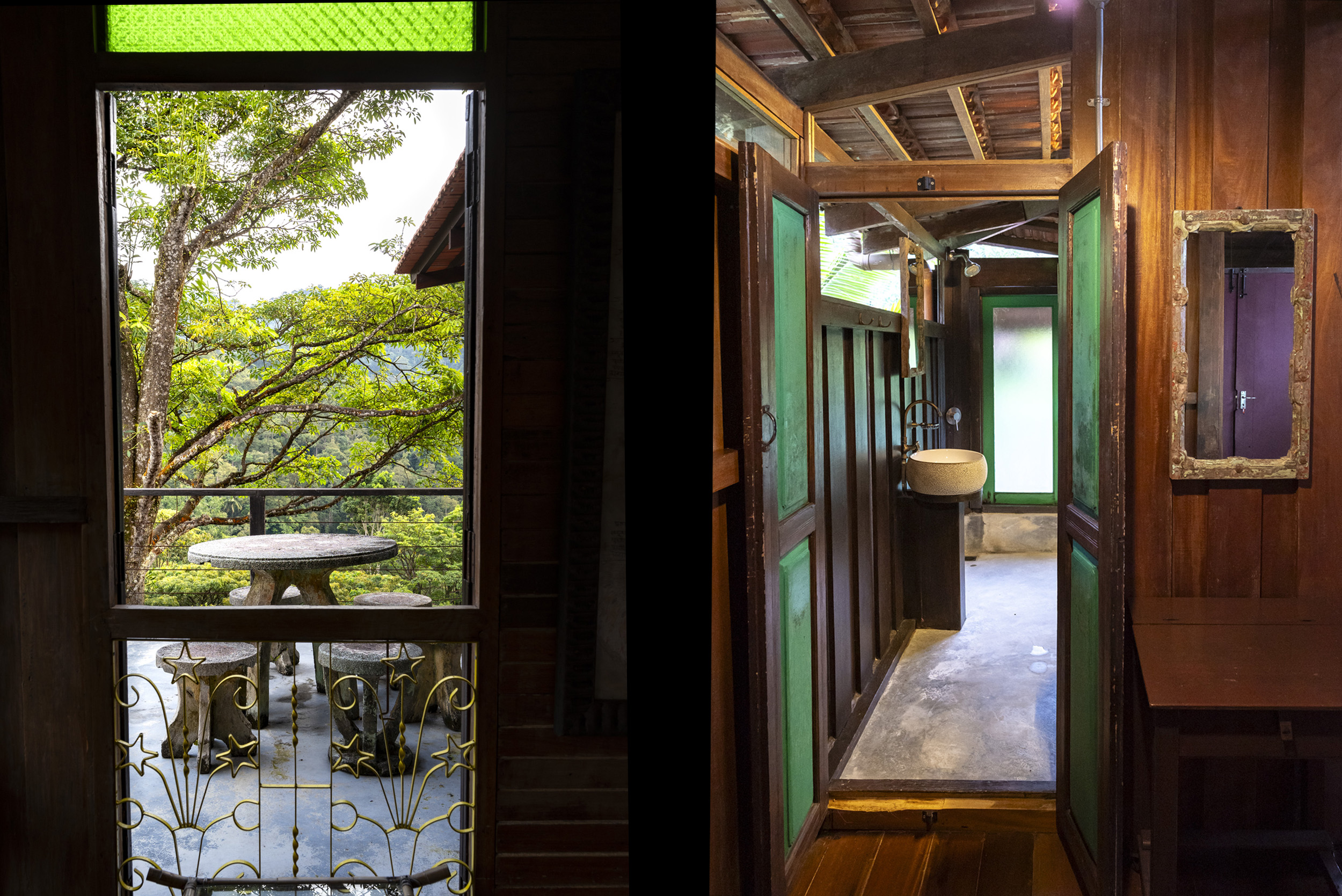A combo image of Boomerang room toilet and patio.
